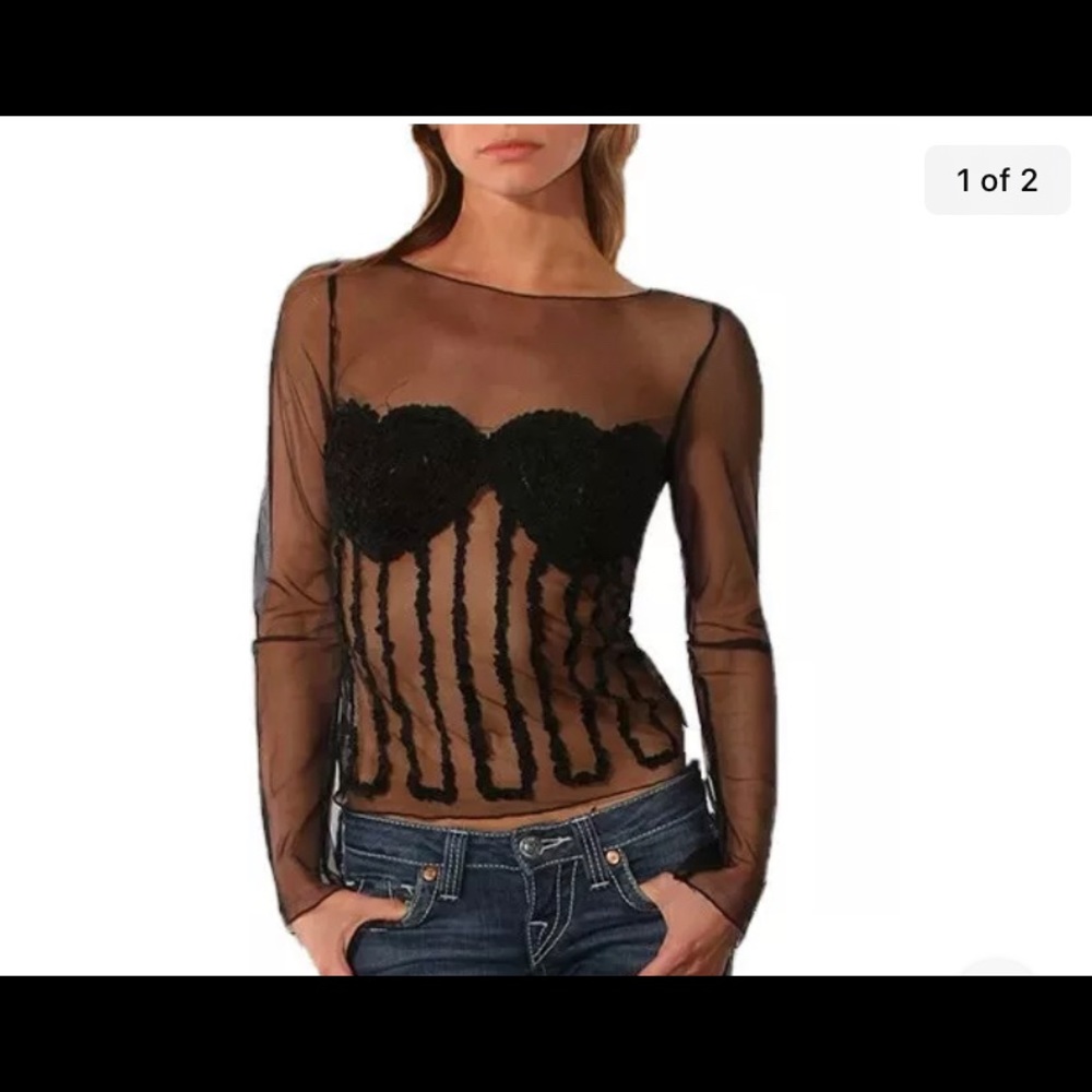 Sexy Black Mesh W embroidered Ribbon Hearts Semi-sheer Top New 2000’s Costume